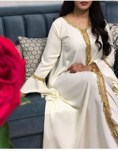 Lotus Leaf Sleeve Embroidered Gold Lace Dress